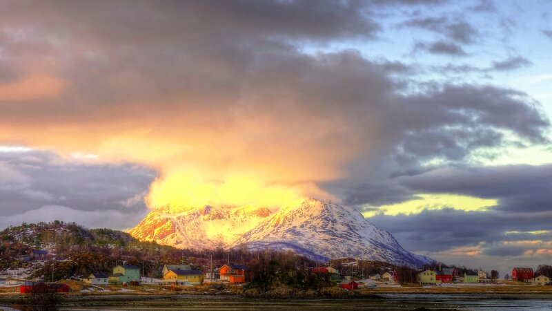 Snow-capped Mountain Village — Orange