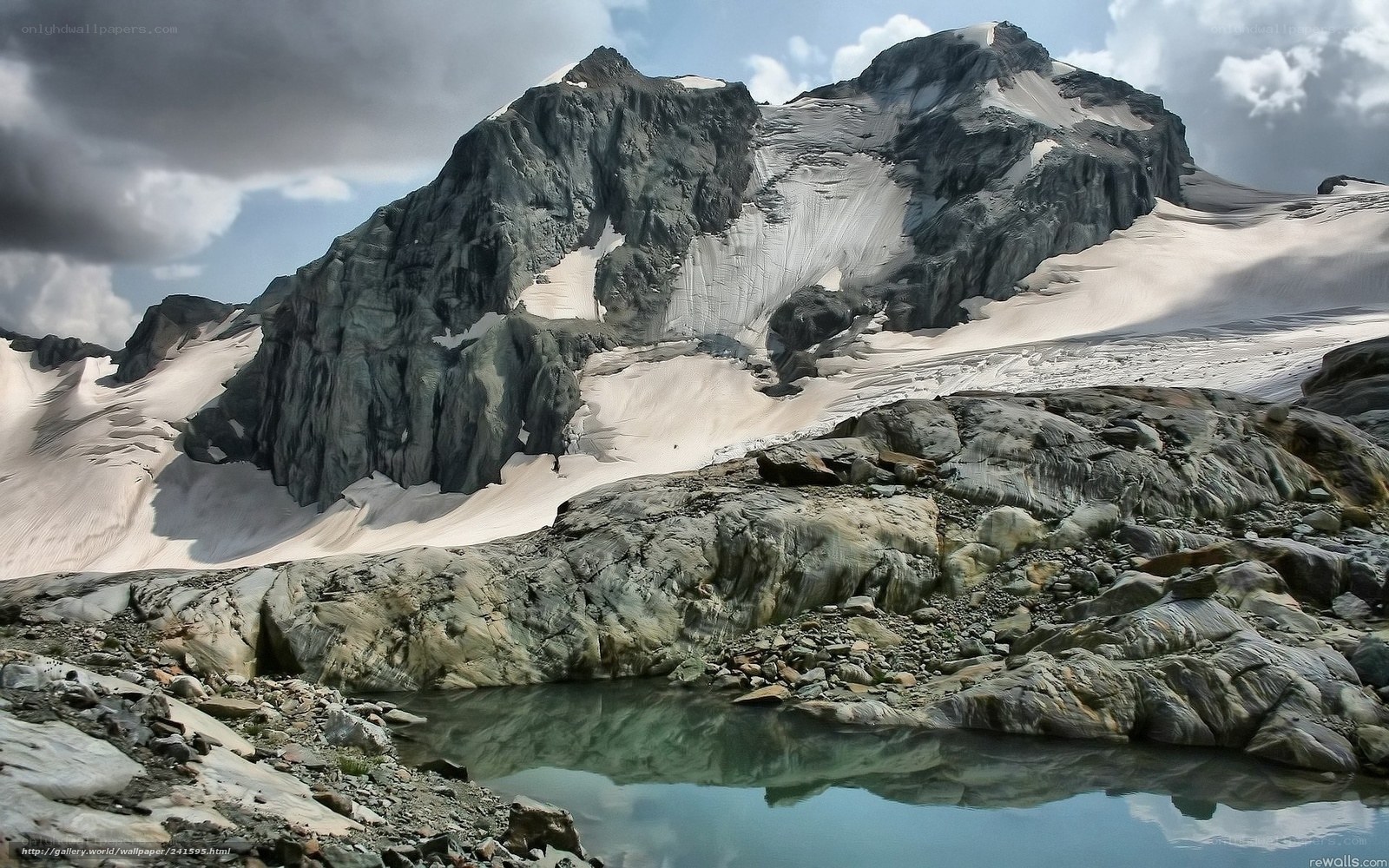Snow-capped mountain with alpine lake