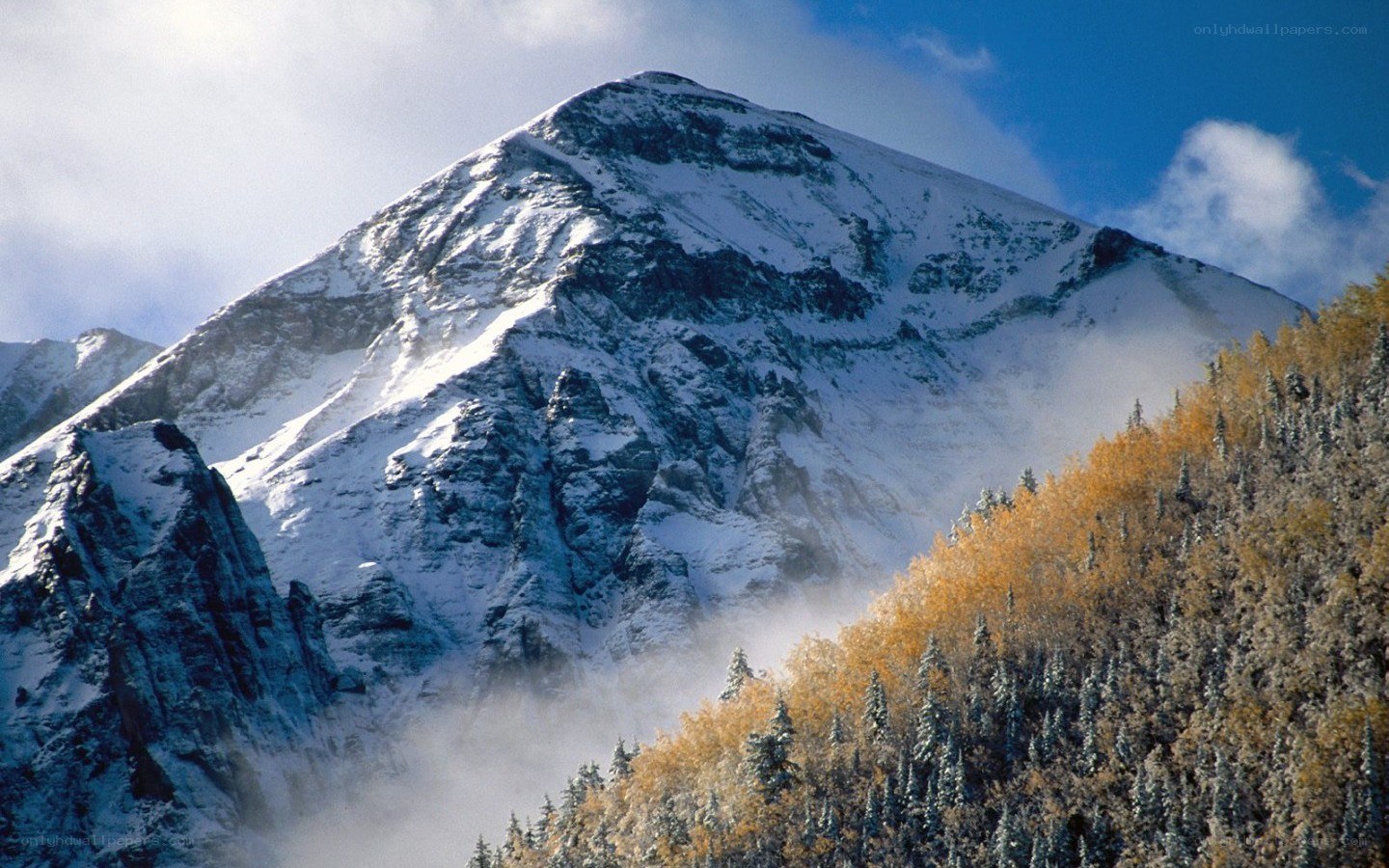Snow-capped mountain with autumn trees