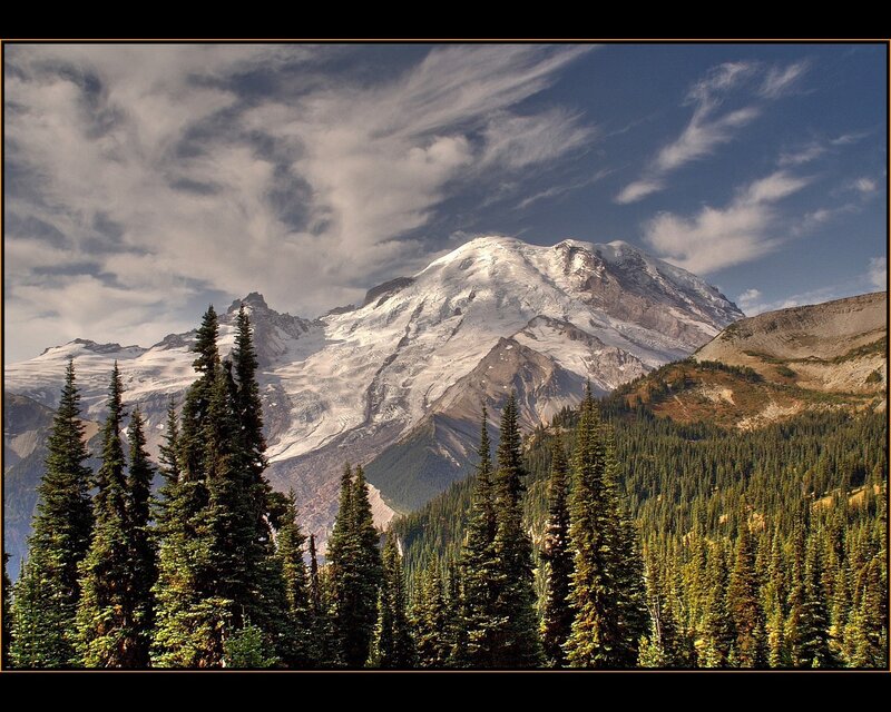 Snow-capped mountain with forest