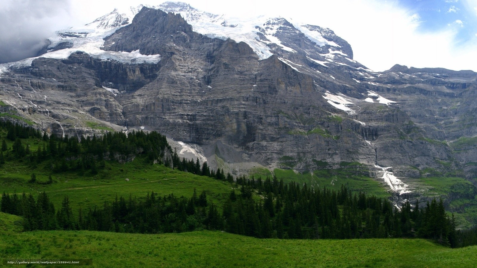 Snow-capped mountain with green valley