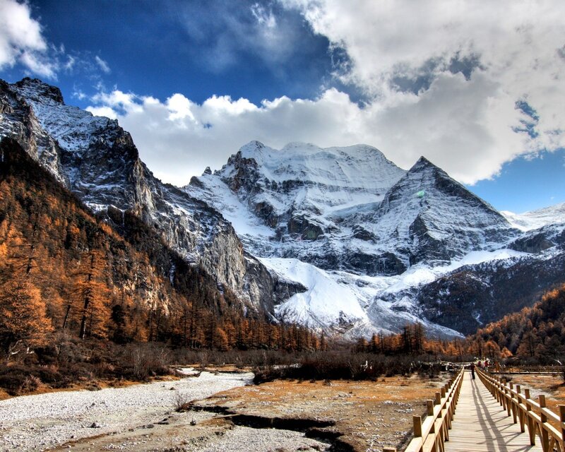 Snow-capped mountains and autumn forest