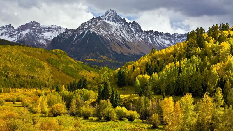Snow-capped Mountains and Autumn Trees — Yellow, Dramatic, Photograph, Valley