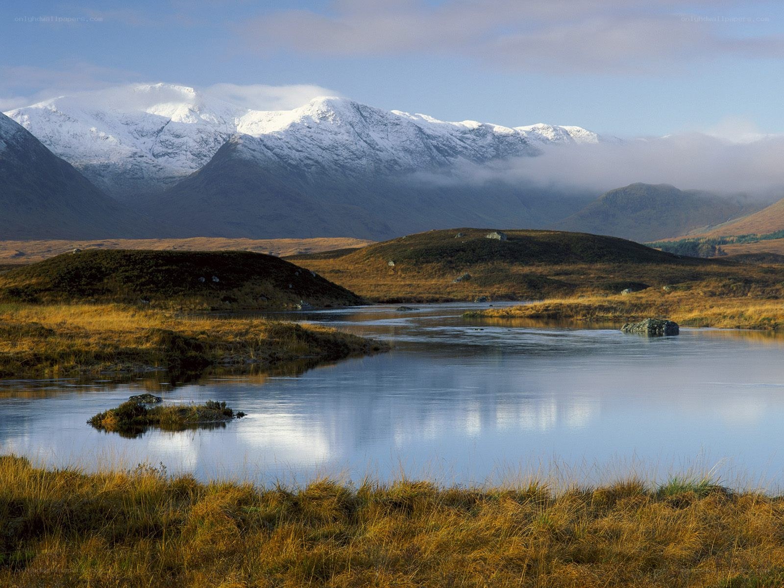Snow-capped mountains and calm lake