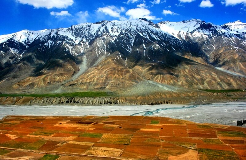 Snow-capped mountains and farmland