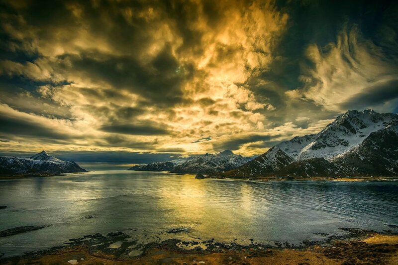 Snow-capped Mountains and Fjord — Gold
