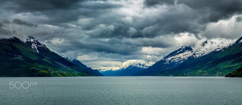 Snow-capped Mountains and Fjord — Gray, Dramatic, Photograph