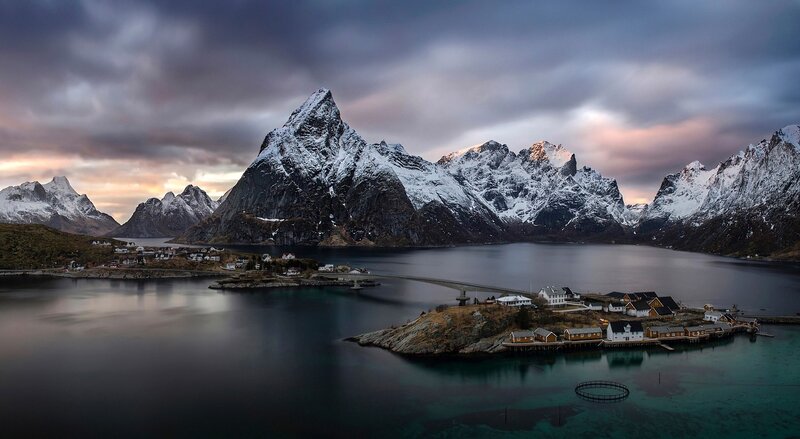 Snow-capped Mountains and Fjord — Gray, Dramatic