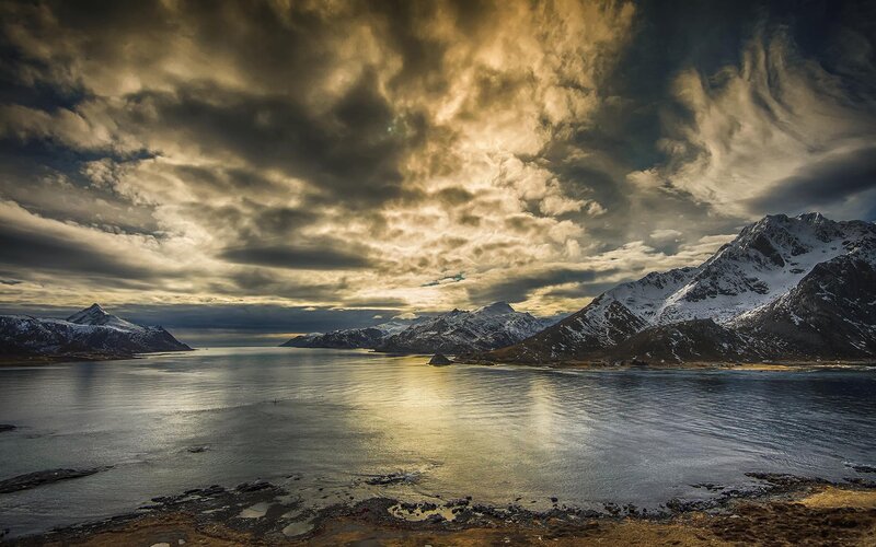 Snow-capped Mountains and Fjord — Gray