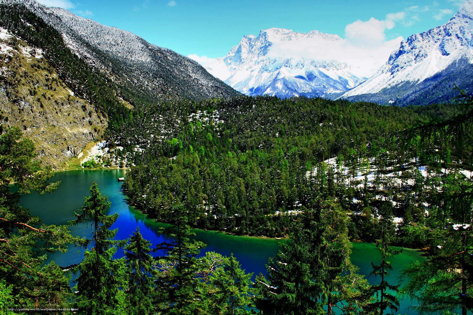 Snow-capped mountains and forest lake