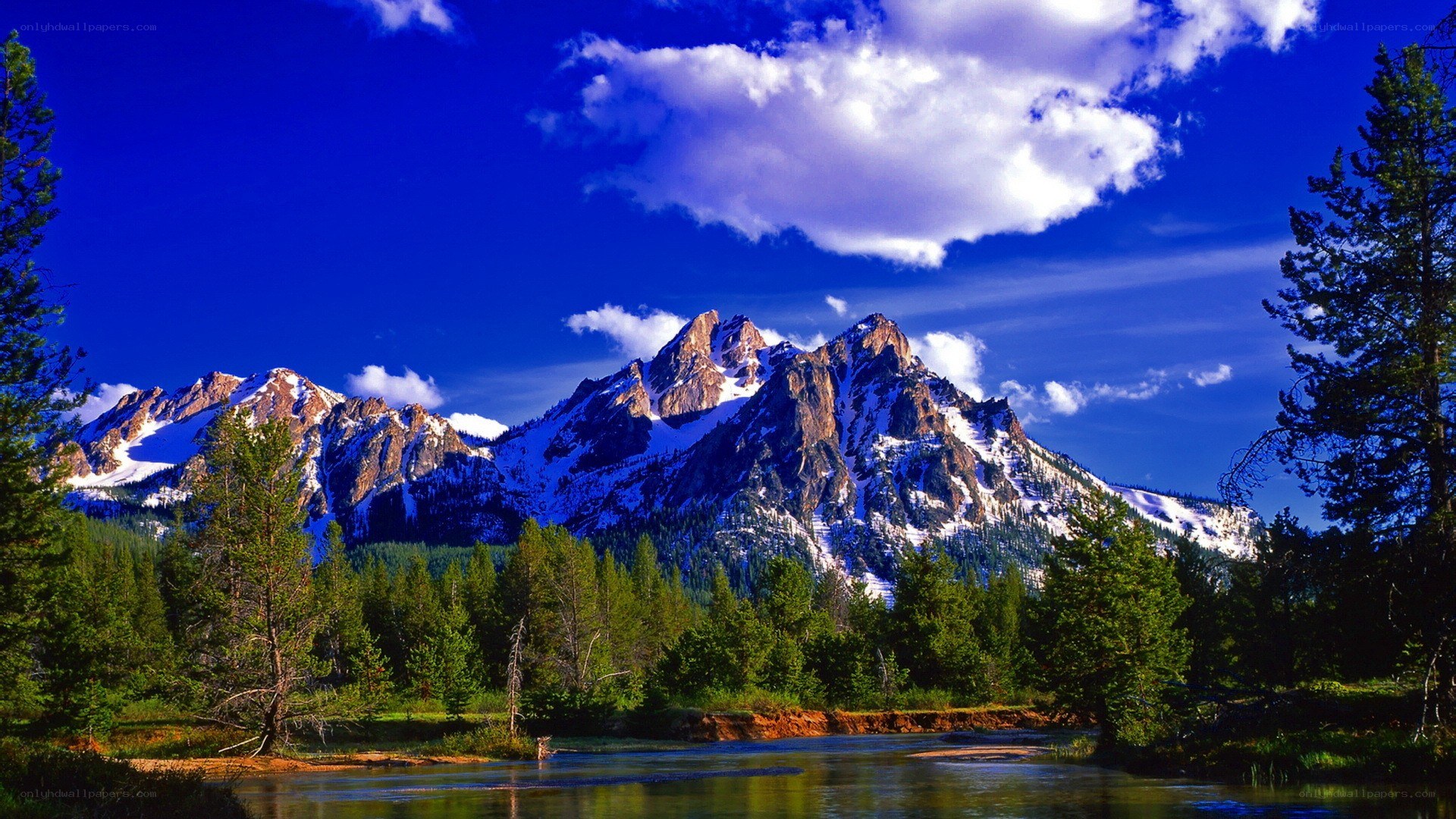 Snow-capped mountains and forest lake