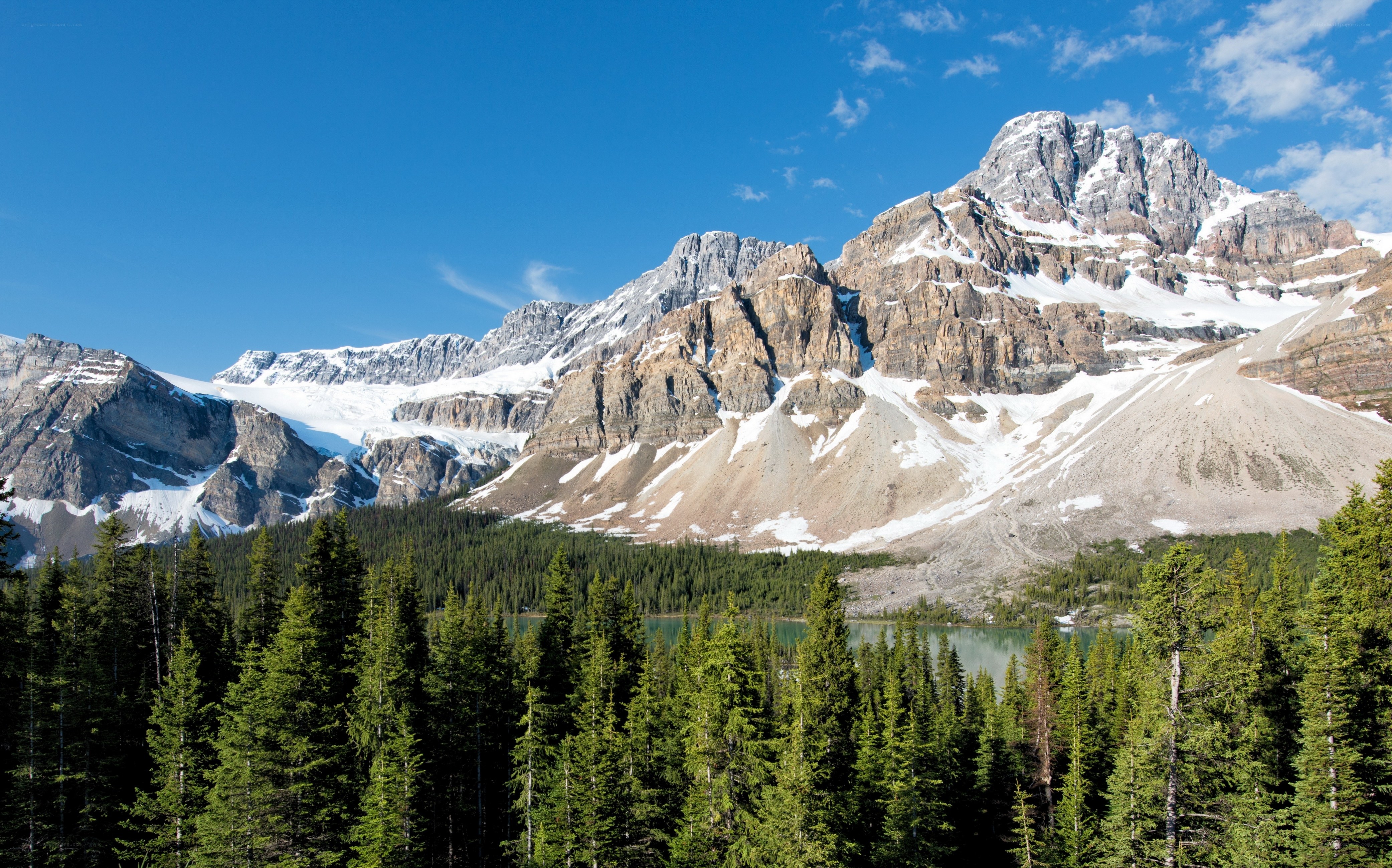 Snow-capped mountains and forest lake