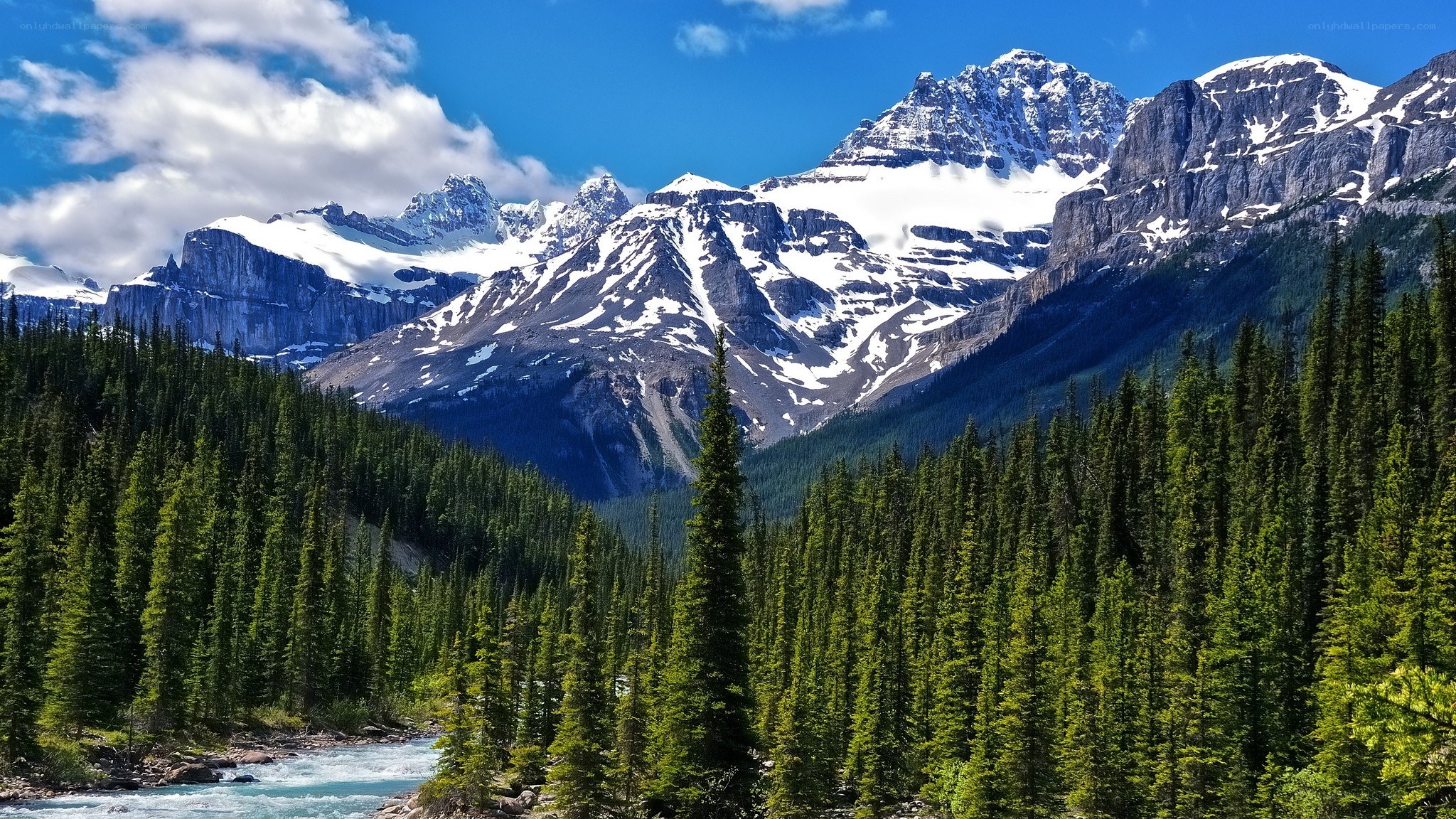 Snow-capped mountains and forest river