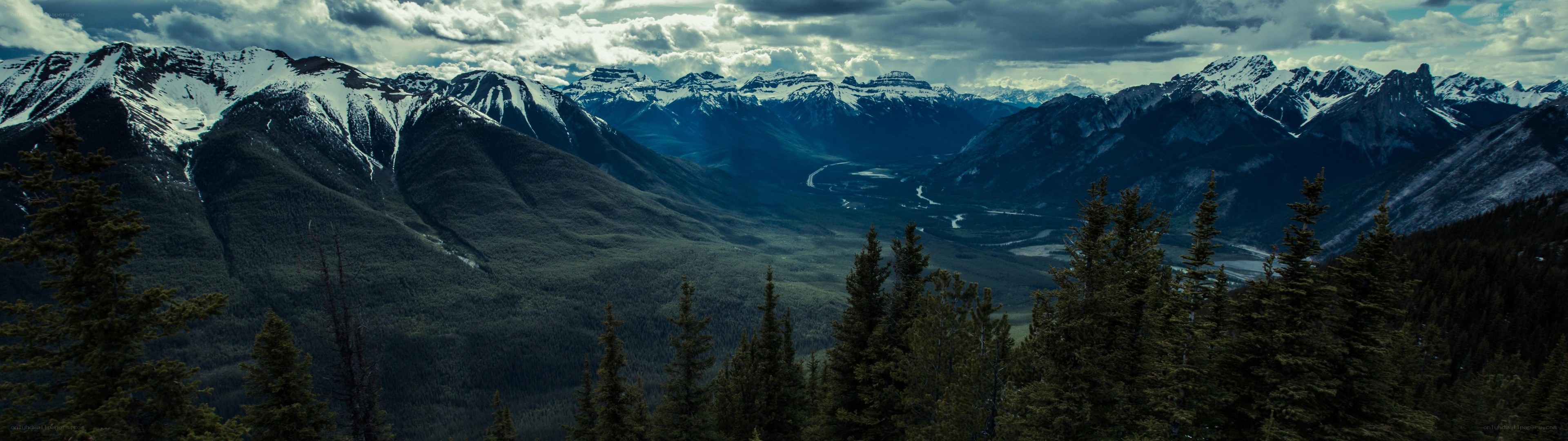 snow-capped mountains and forest valley