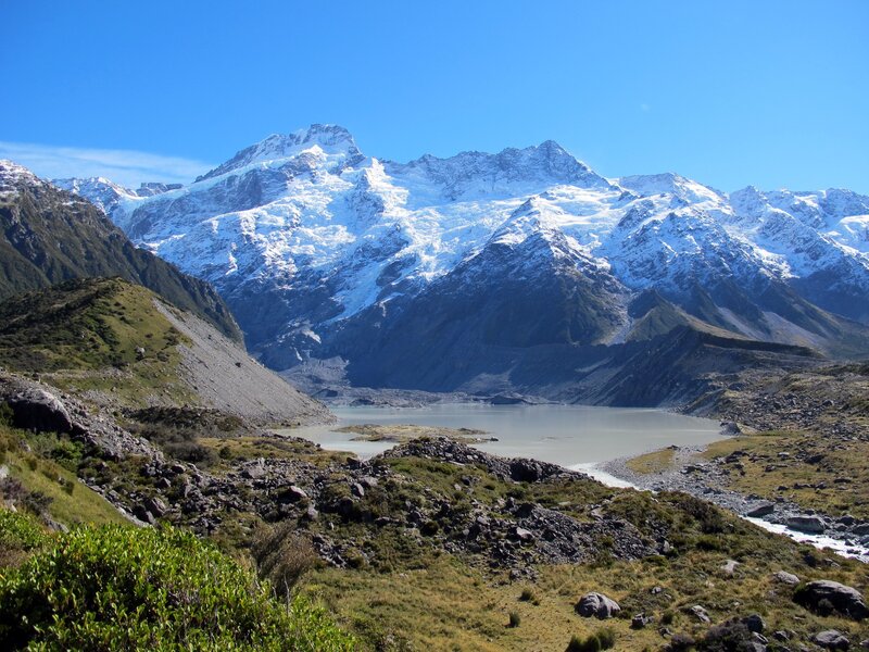 Snow-capped mountains and glacial lake
