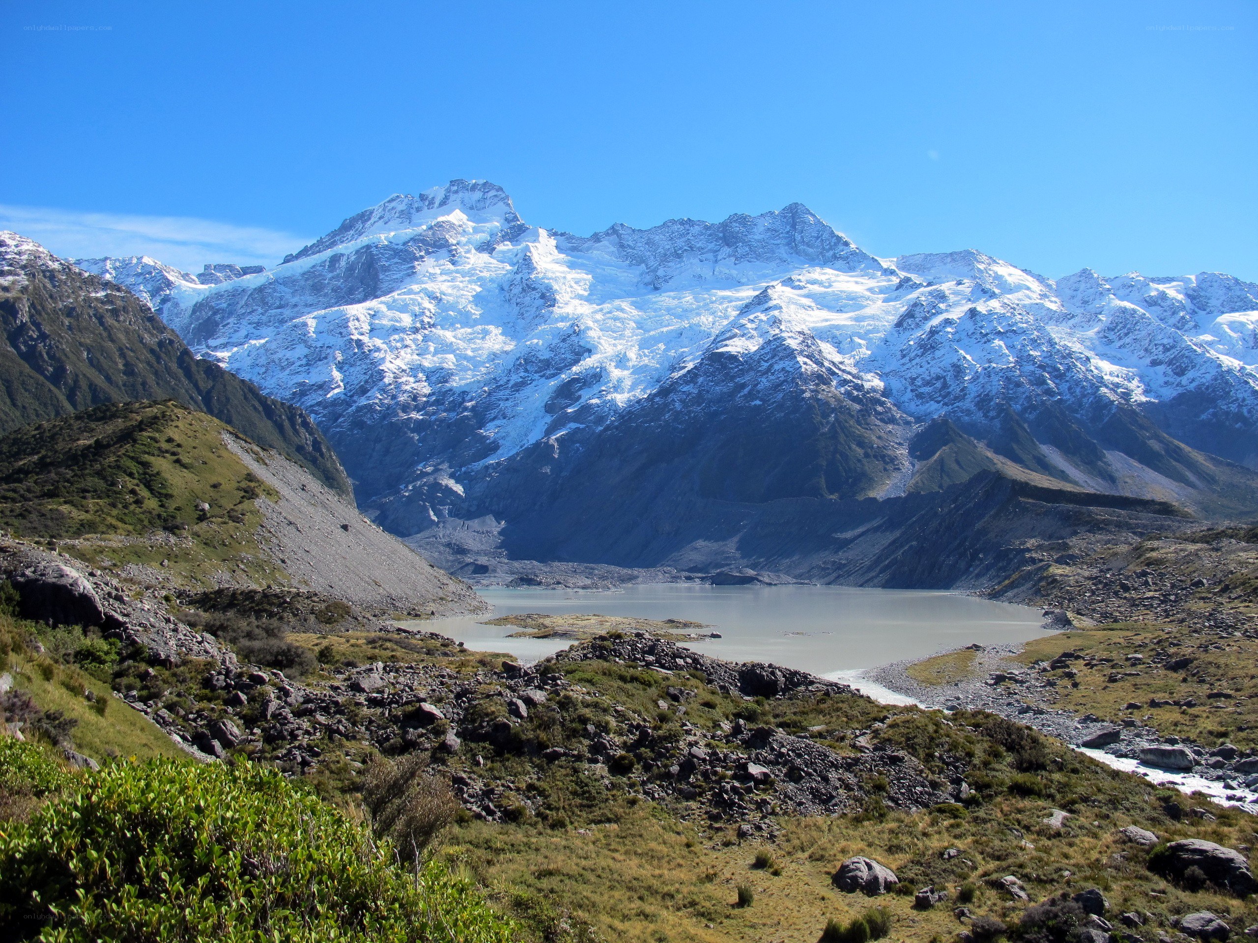 Snow-capped mountains and glacial lake