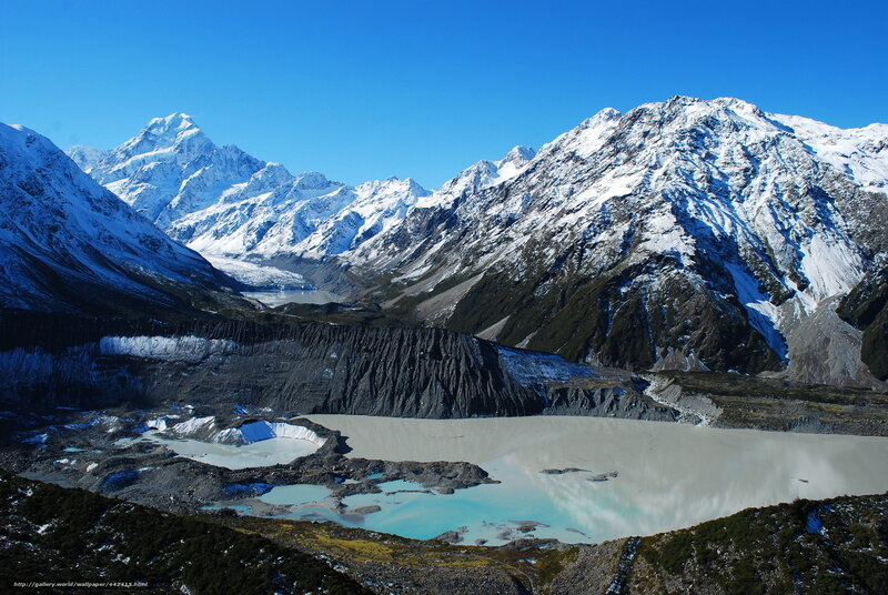 Snow-capped mountains and glacial lake