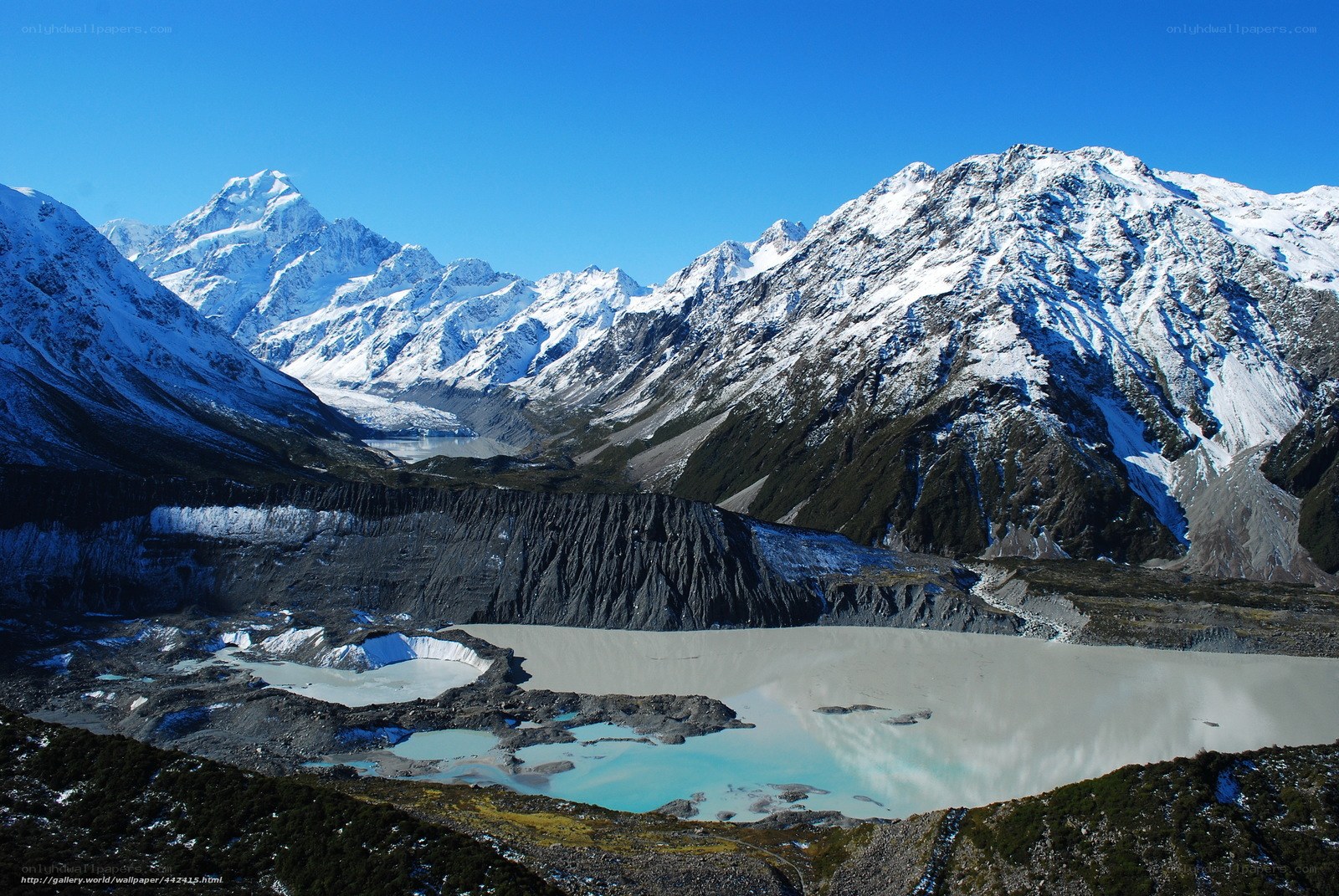 Snow-capped mountains and glacial lake