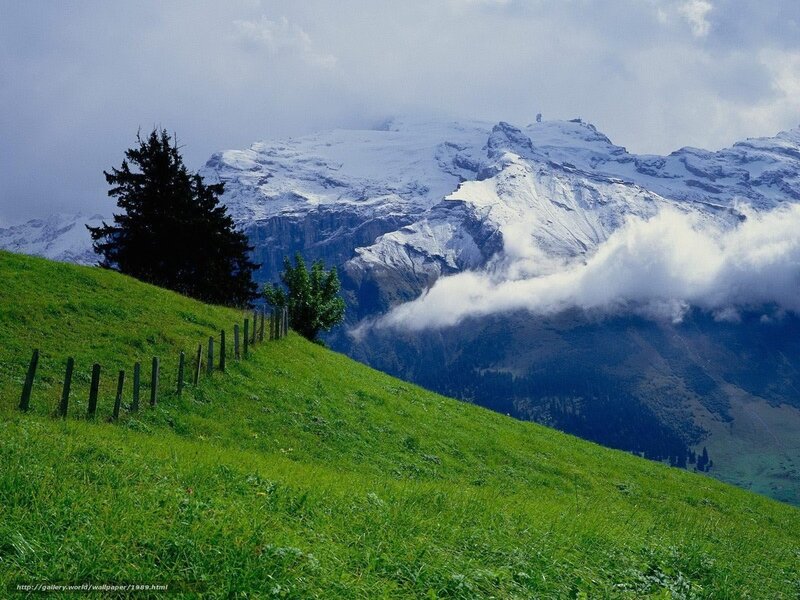 Snow-capped mountains and green hills