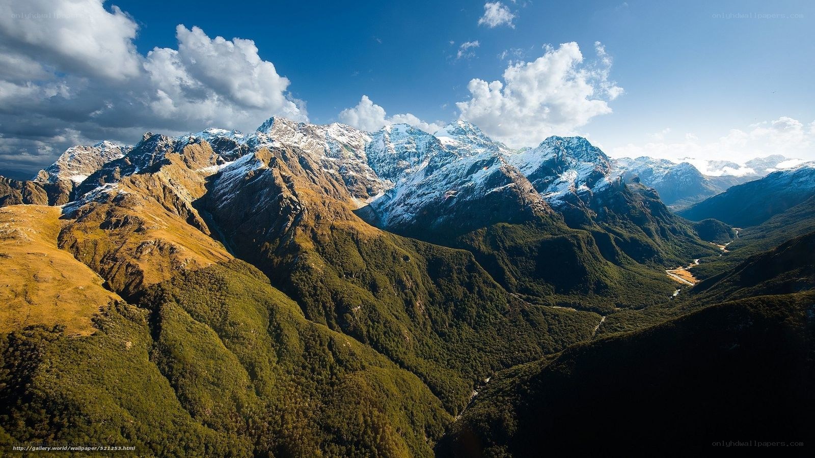 Snow-capped mountains and green valleys