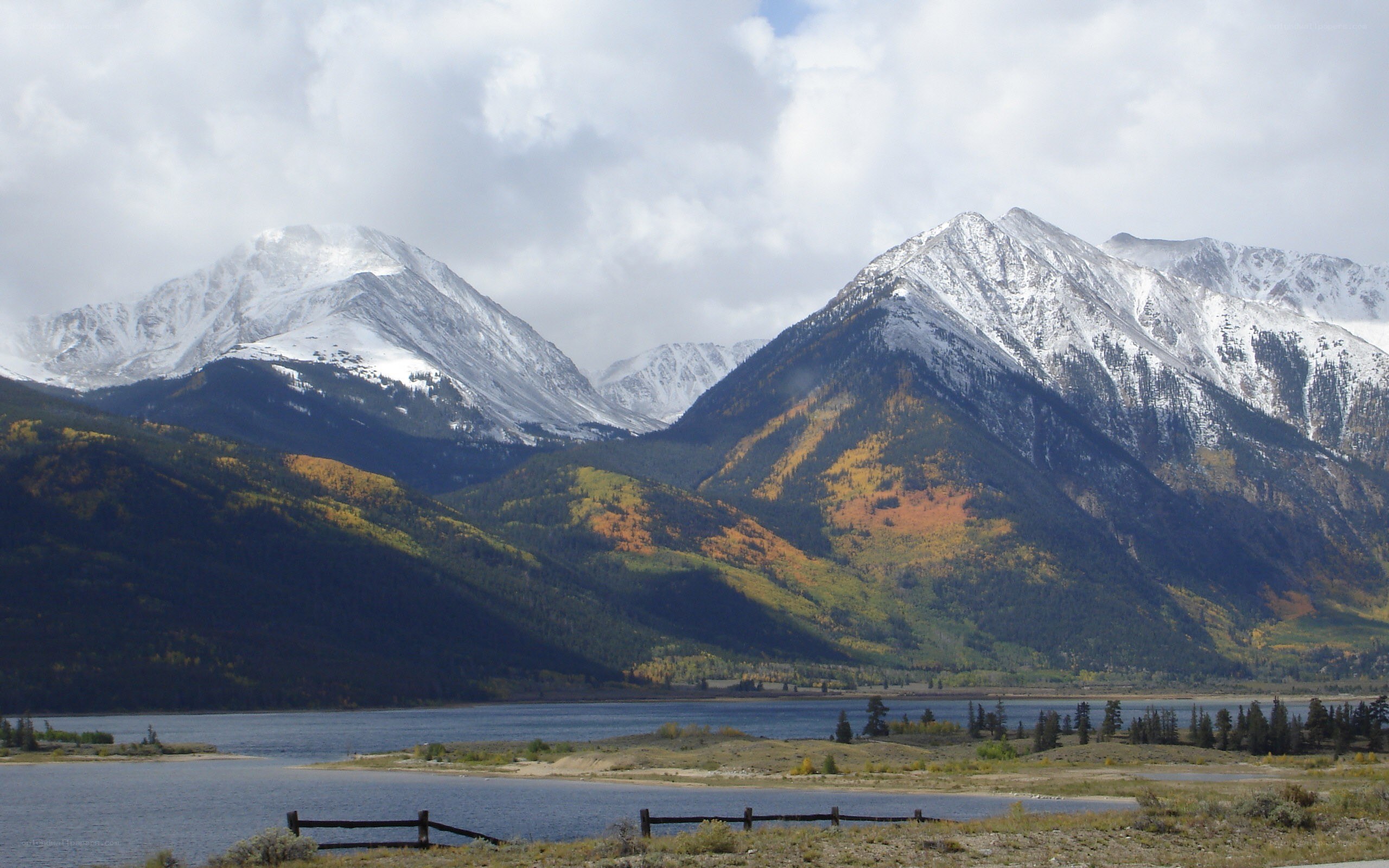 snow-capped mountains and lake