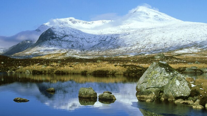 Snow-capped mountains and lake