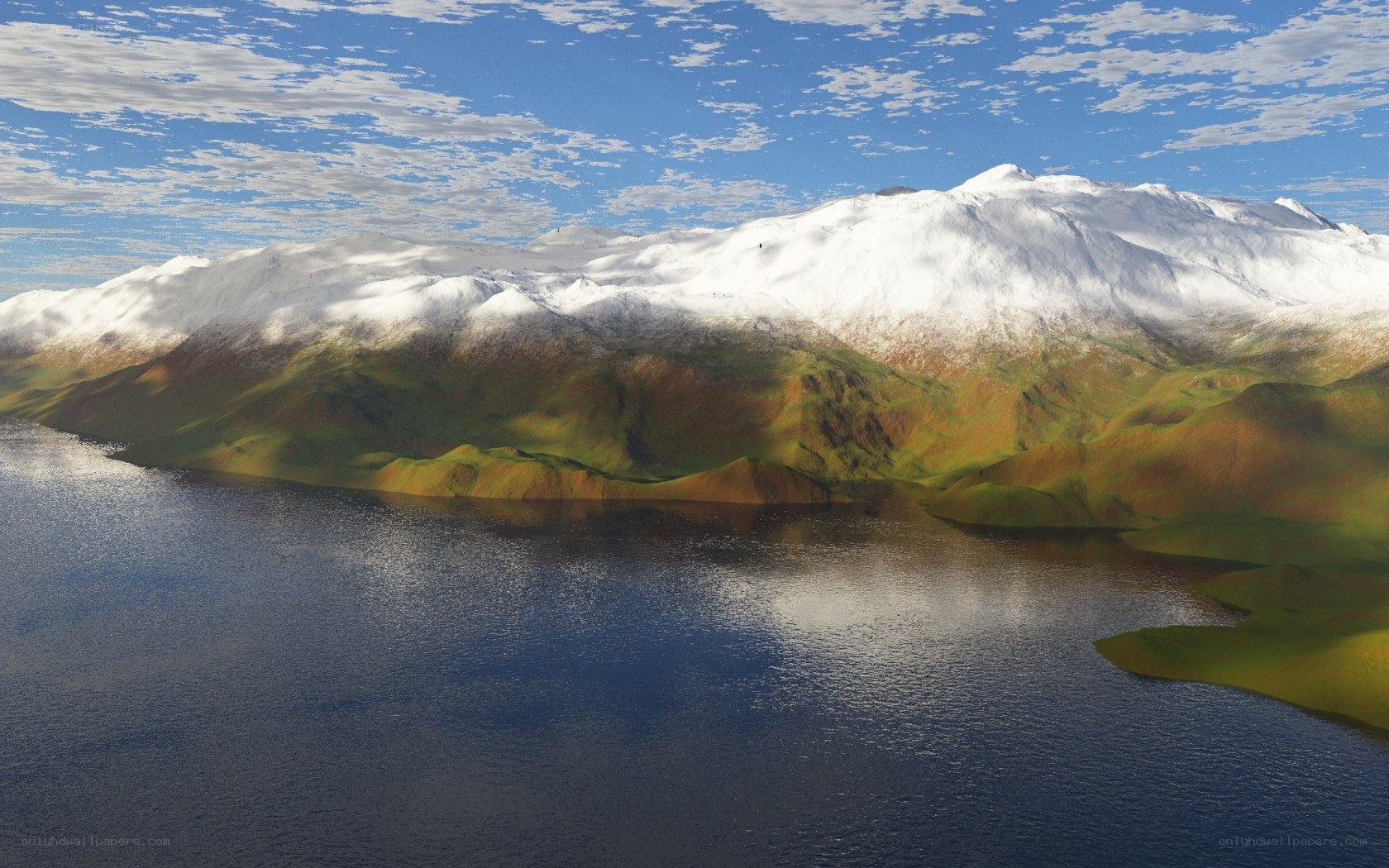 snow-capped mountains and lake