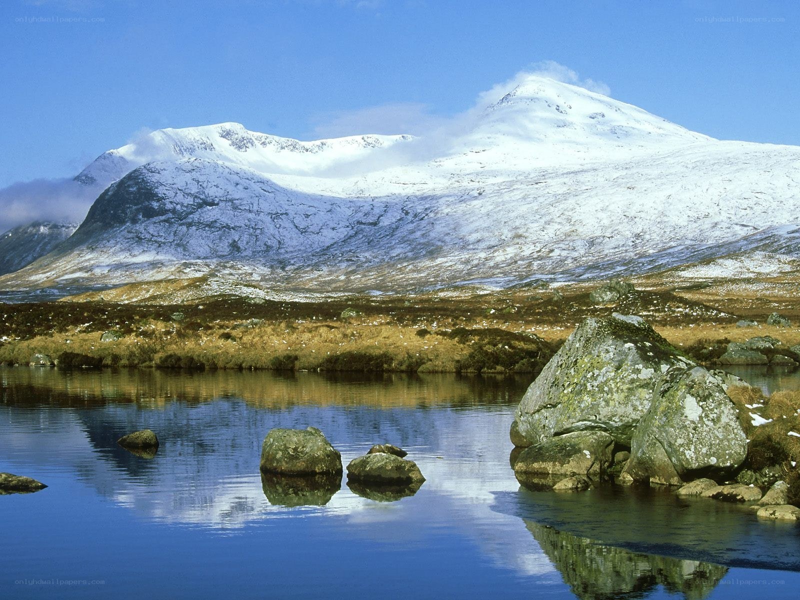 Snow-capped mountains and lake