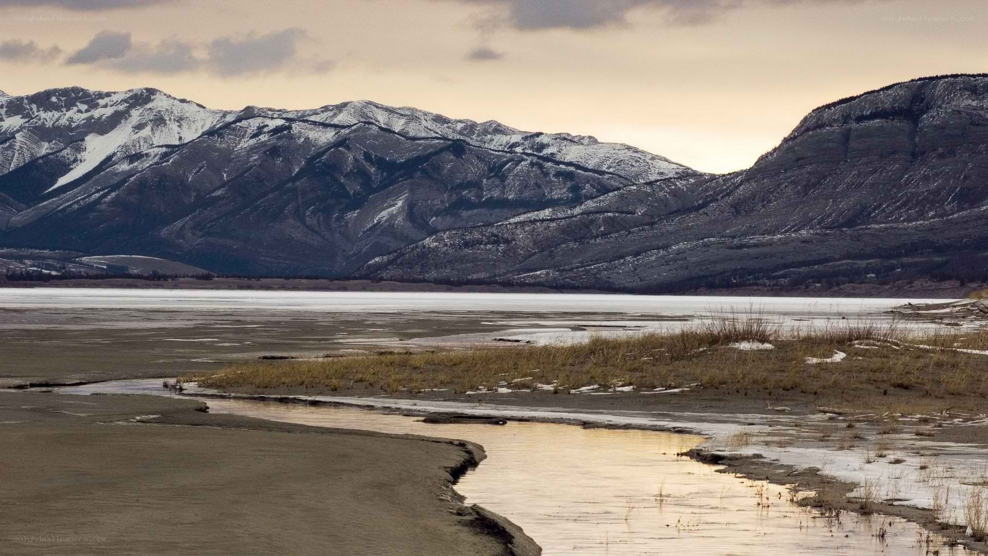 snow-capped mountains and lake