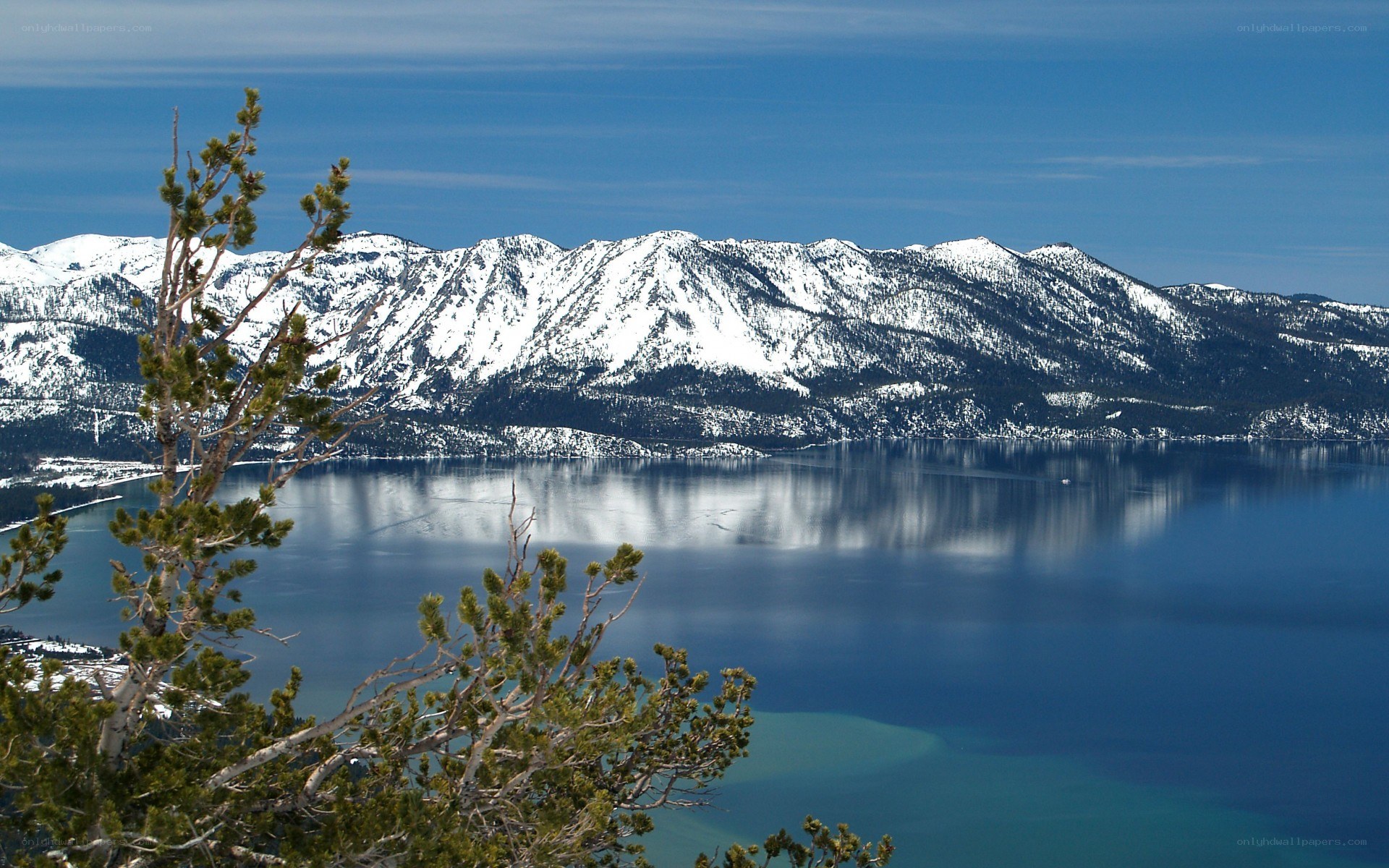 Snow-capped mountains and lake