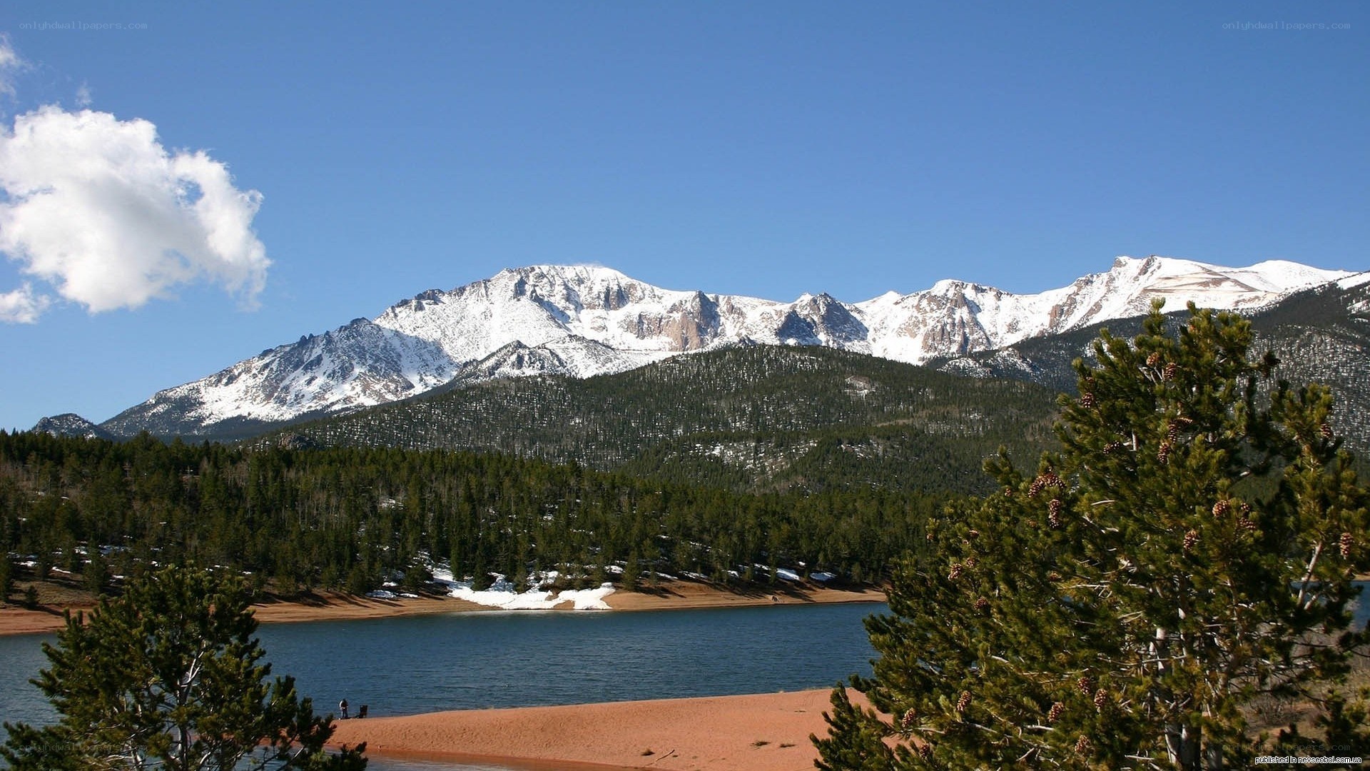 snow-capped mountains and lake
