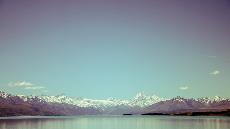 snow-capped mountains and lake