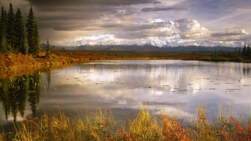 Snow-capped Mountains and Lake — Autumn