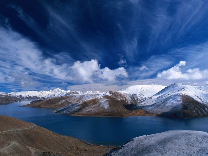 Snow-capped Mountains and Lake — Blue, Clouds