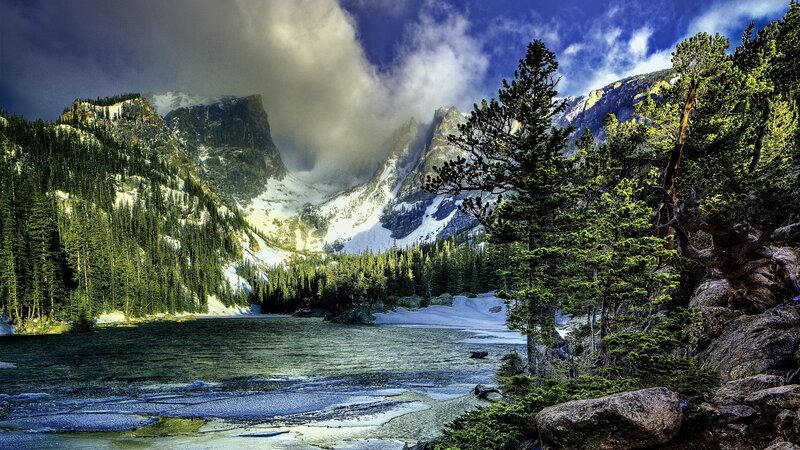 Snow-capped Mountains and Lake — Blue, Dramatic, Afternoon, Photograph, Trees