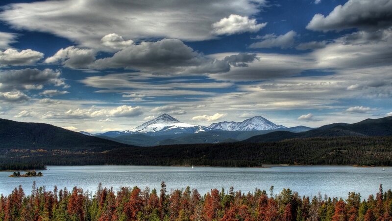 Snow-capped Mountains and Lake — Blue, Dramatic, Autumn, Photograph, Forest, Clouds