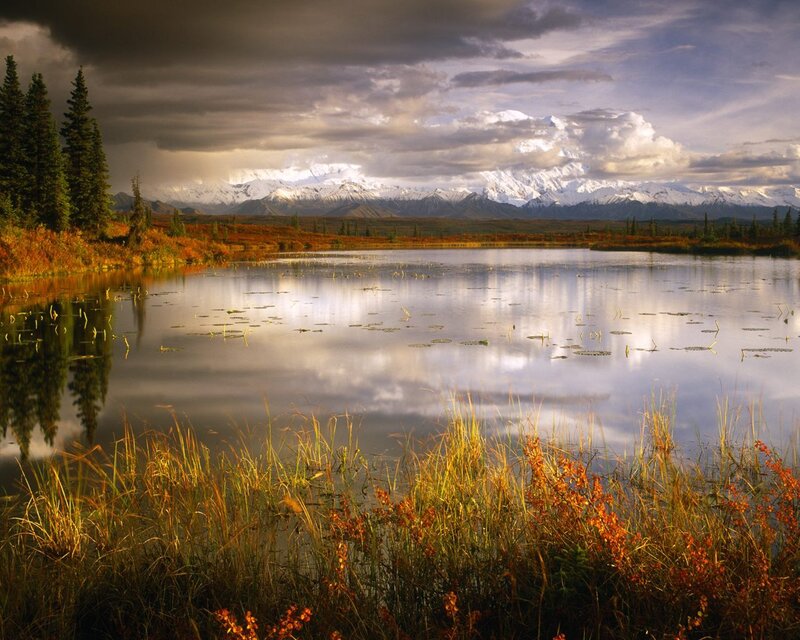 Snow-capped Mountains and Lake — Blue, Dramatic, Autumn, Photograph