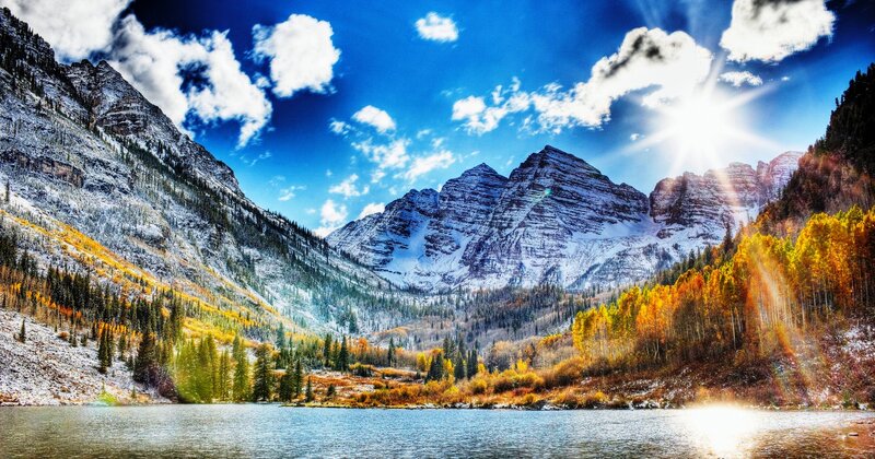 Snow-capped Mountains and Lake — Blue, Dramatic, Autumn, Photograph, Trees, Clouds