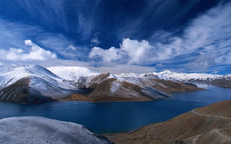Snow-capped Mountains and Lake — Blue, Dramatic, Photograph, Clouds, Road