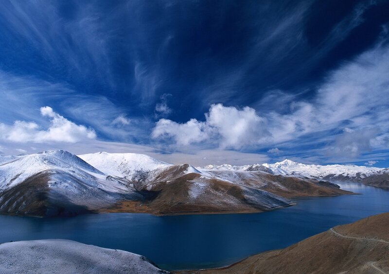Snow-capped Mountains and Lake — Blue, Dramatic, Photograph, Clouds, Sky