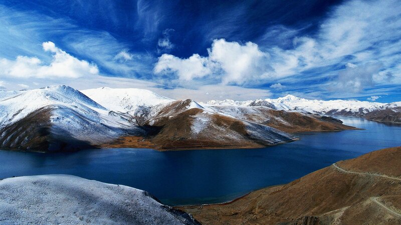 Snow-capped Mountains and Lake — Blue, Dramatic, Photograph, Sky