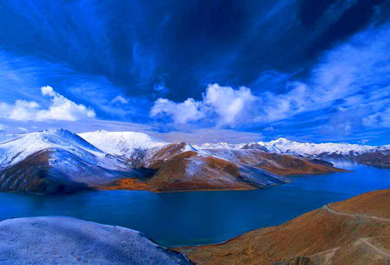 Snow-capped Mountains and Lake — Blue, Dramatic, Photograph