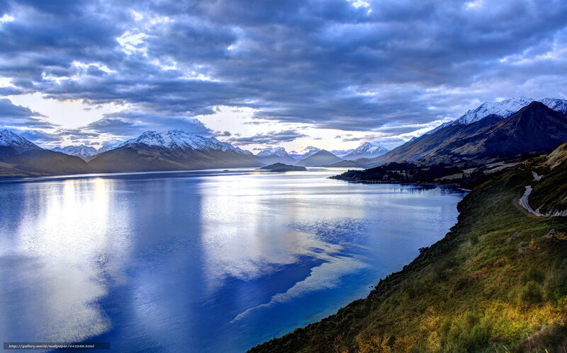 Snow-capped Mountains and Lake — Blue, Dramatic, Sunrise, Photograph, Clouds