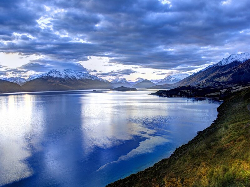Snow-capped Mountains and Lake — Blue, Dramatic, Sunrise, Photograph