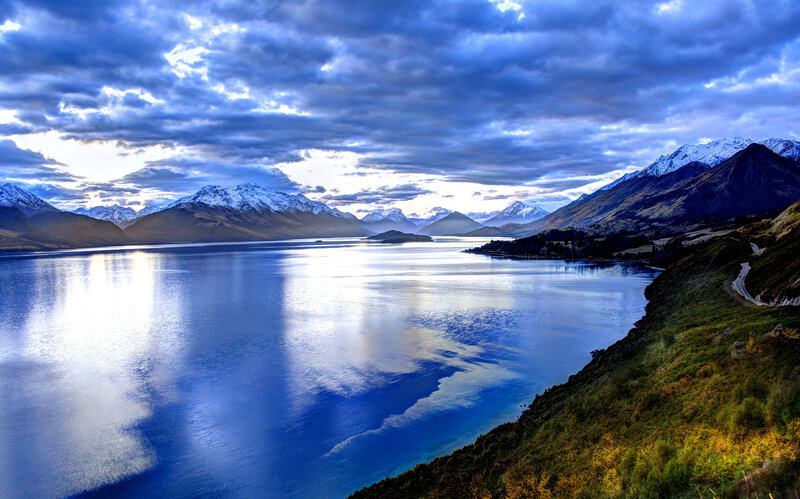 Snow-capped Mountains and Lake — Blue, Dramatic, Sunrise