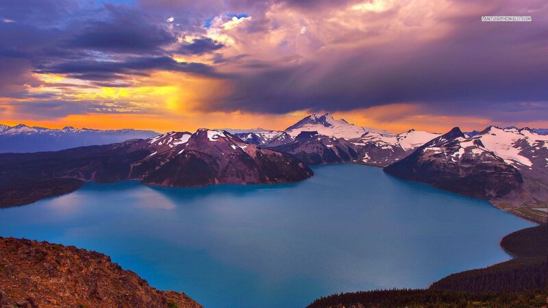 Snow-capped Mountains and Lake — Blue, Dramatic, Sunset, Photograph, Clouds