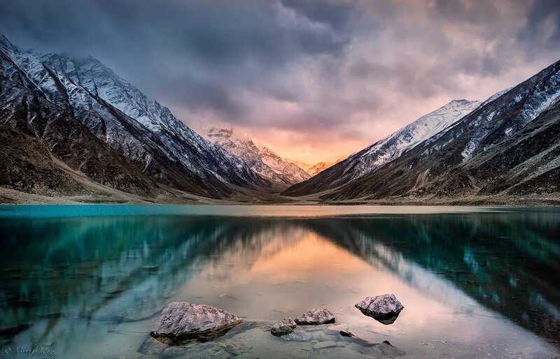 Snow-capped Mountains and Lake — Blue, Dramatic, Sunset, Photograph, Rocks