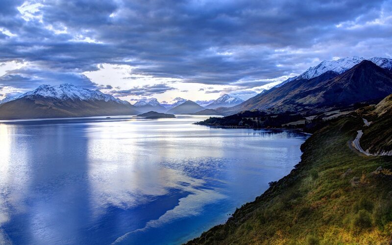 Snow-capped Mountains and Lake — Blue, Dramatic, Sunset, Photograph, Sky, Road