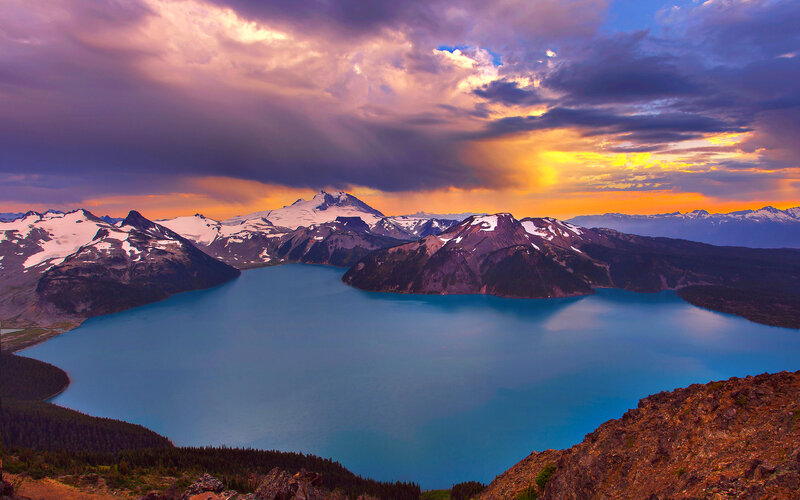 Snow-capped Mountains and Lake — Blue, Dramatic, Sunset, Photograph, Sky