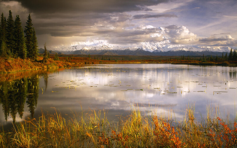 Snow-capped Mountains and Lake — Blue, Dramatic, Sunset, Photograph, Trees